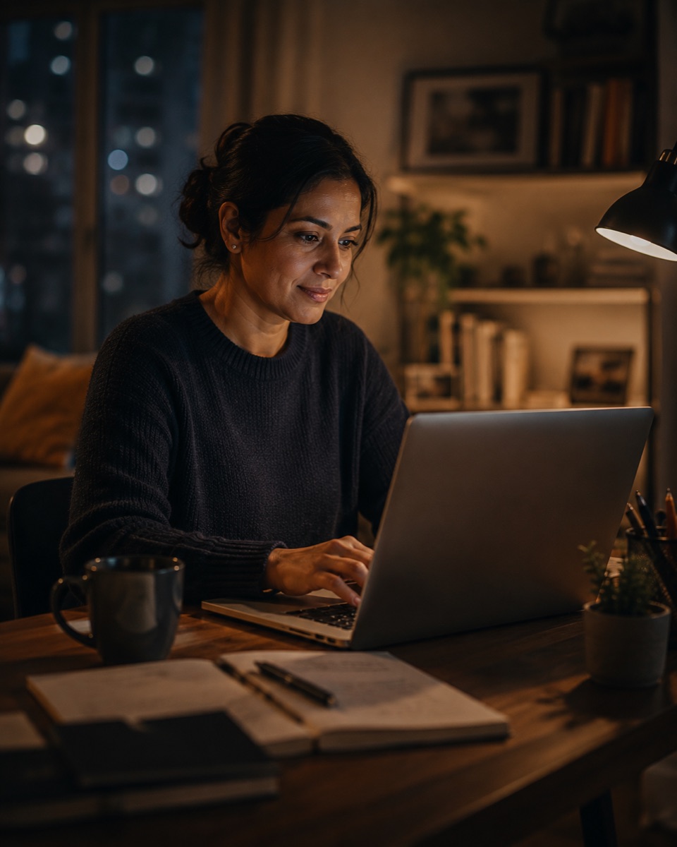 A working student studying on a laptop at home in the evening