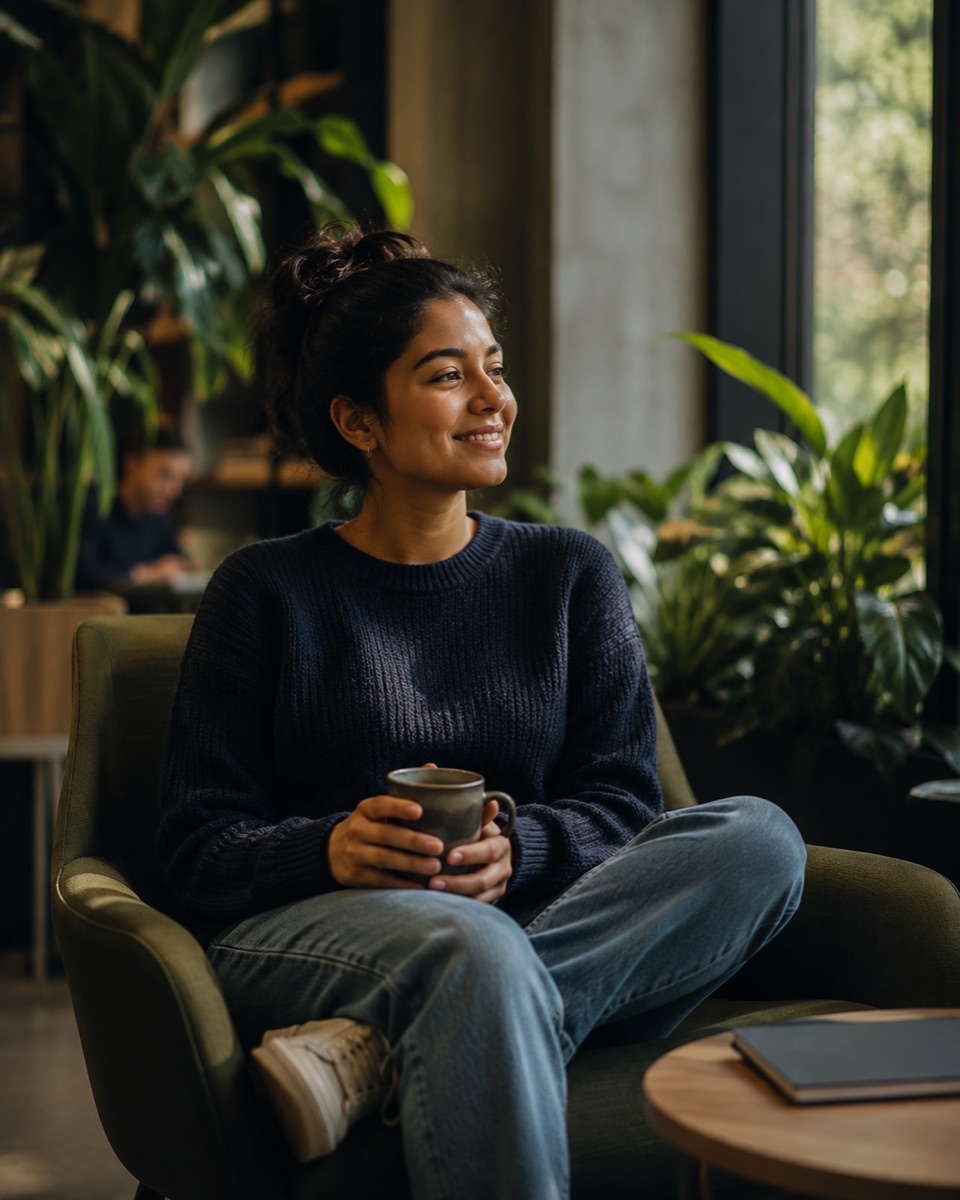 A relaxed student taking a mindful break with a warm drink